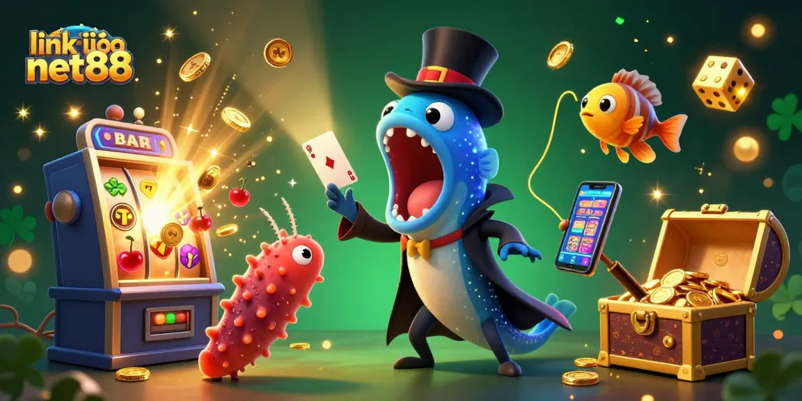 Engage with link vào net88 in this dynamic casino-themed illustration filled with magical elements and game excitement.