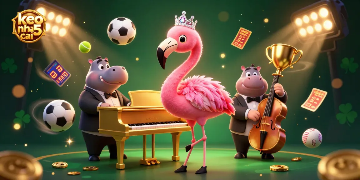 Engage with the dynamic keo nha cai 5 casino experience featuring vibrant scene with sports elements and musicians.