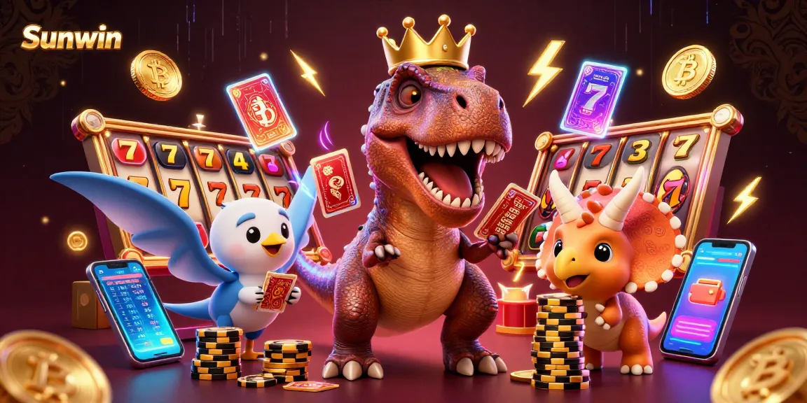 Sunwin features delightful characters in a lively casino scene with slot machines and crypto elements.