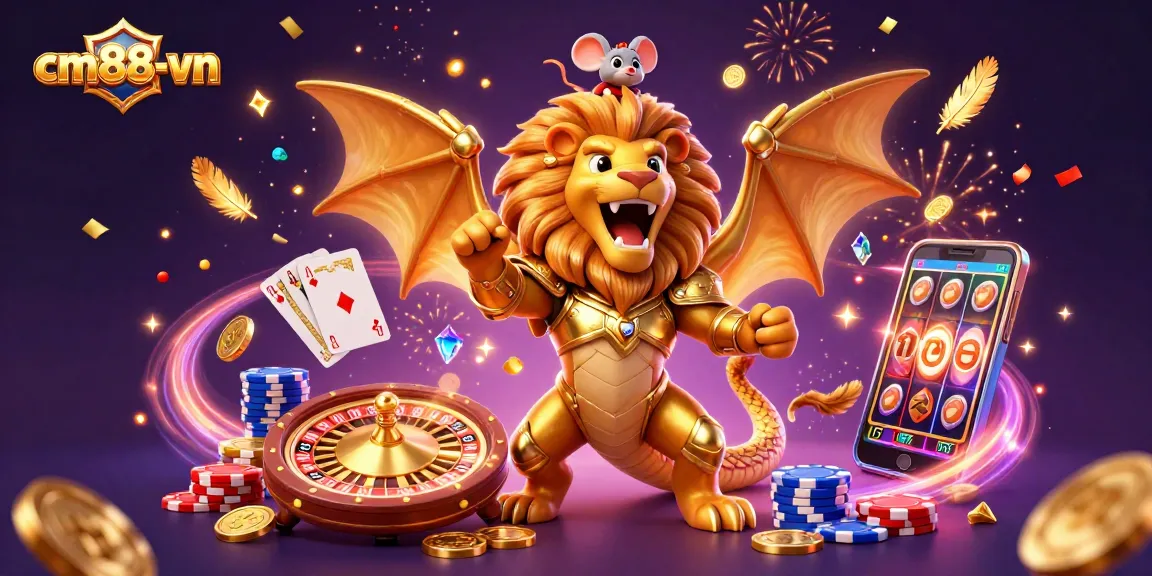 Experience the excitement of cm88-vn with a vibrant 3D casino scene featuring a roaring chimera, dazzling coins, and dynamic gaming elements.