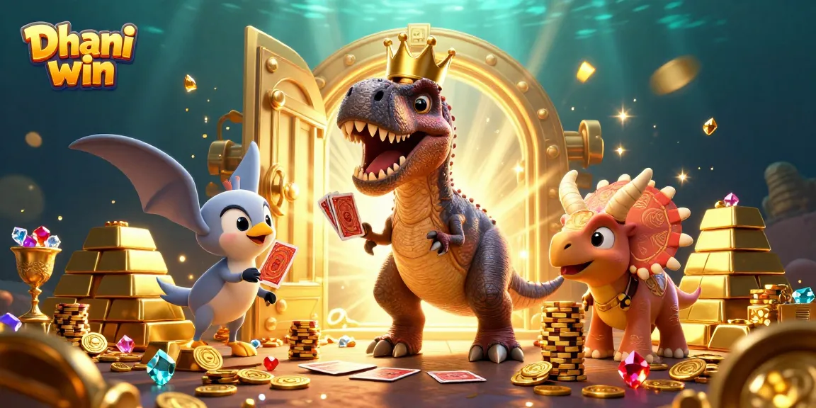 Dhani win players shuffle cards and stack chips in a vibrant casino scene filled with treasures and gaming elements.