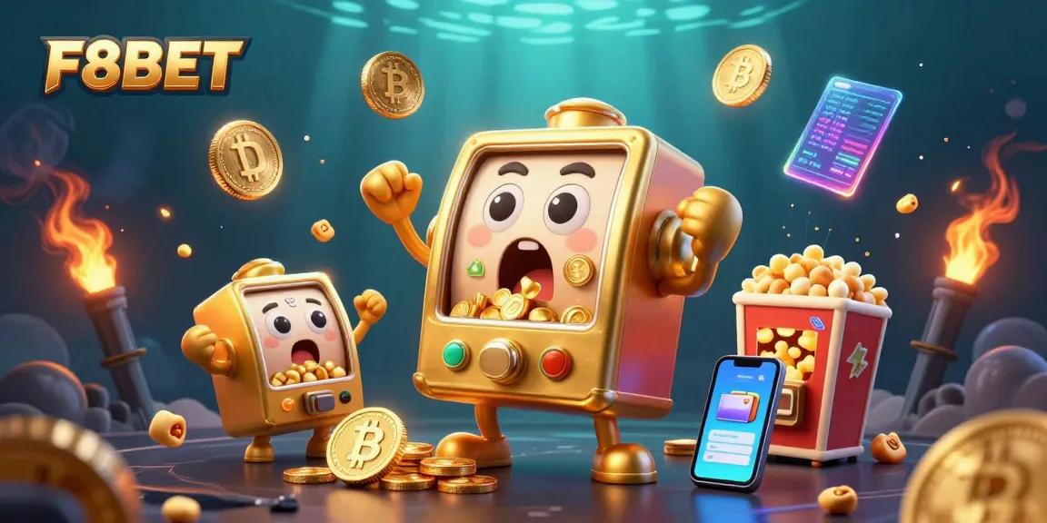 F8BET thrills as the golden slot machine hits a jackpot, surrounded by cheering baby slots and crypto elements.