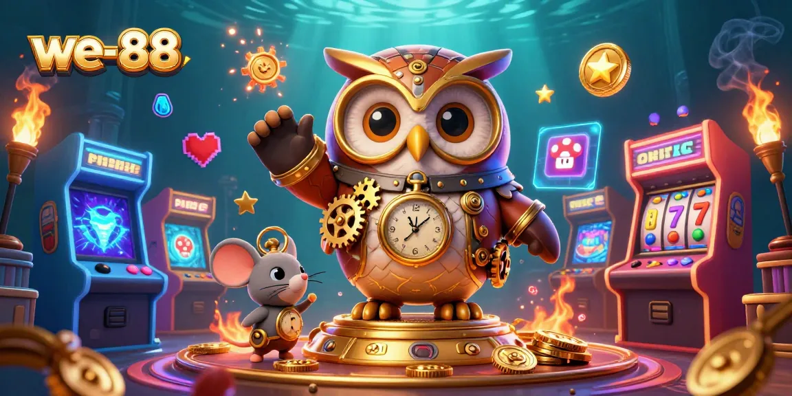 Experience thrilling gameplay with we-88's vibrant slots and jackpots, illustrated in a colorful casino world.