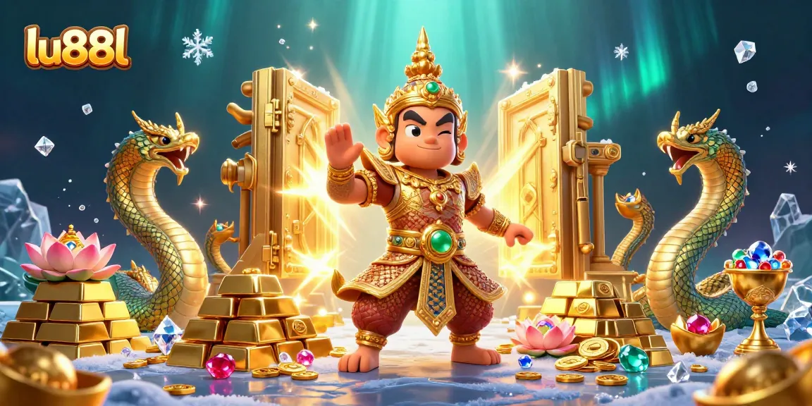 Experience big wins with lu88l at this vibrant casino-themed illustration showcasing treasures and excitement.