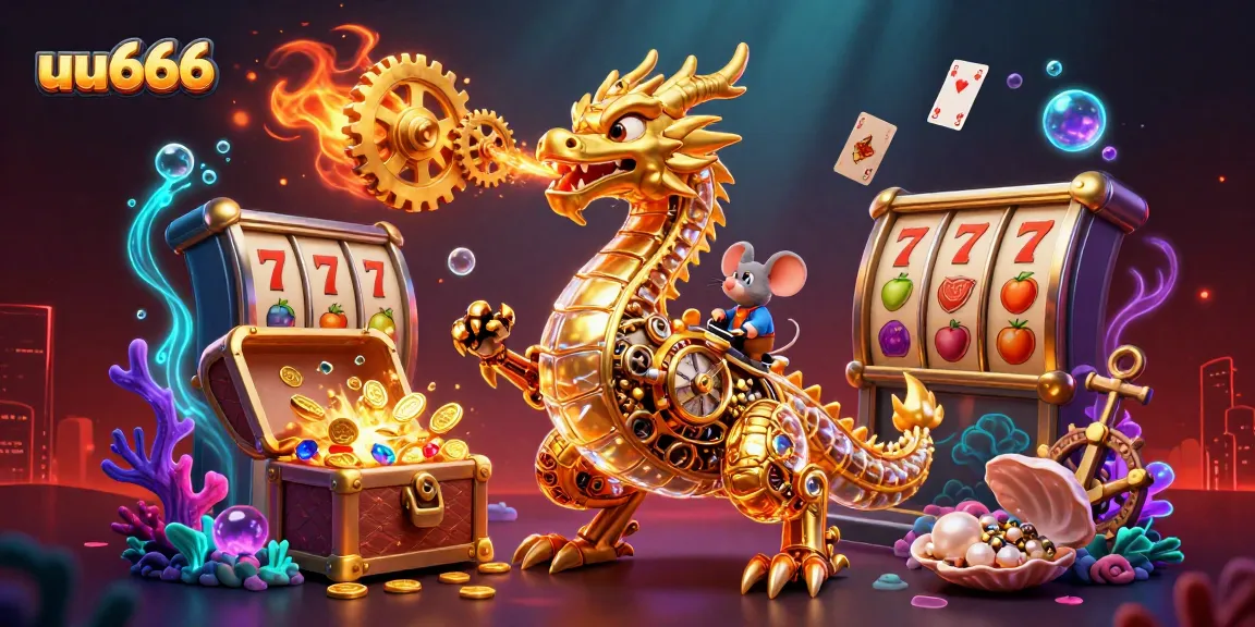 Play slots at uu666 with a golden dragon breathing gears amidst vibrant casino elements.