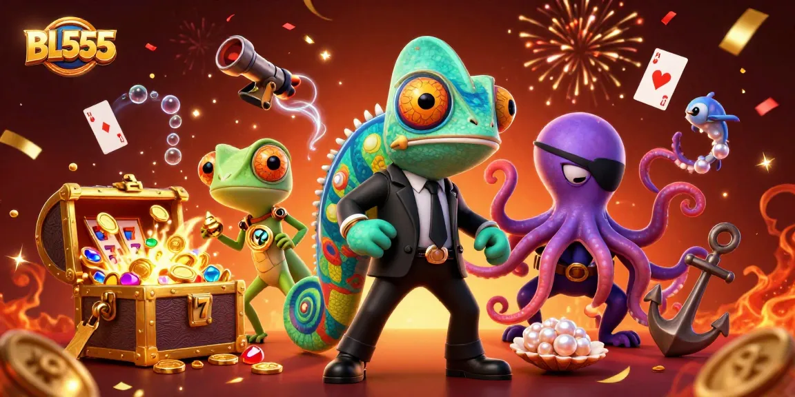 Engage in thrilling slots action with BL555, vibrant chameleon and gadgets amidst rich casino elements.