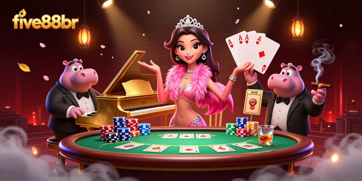 Experience thrilling moments at five88br with a lively casino scene featuring singing flamingo and poker elements.