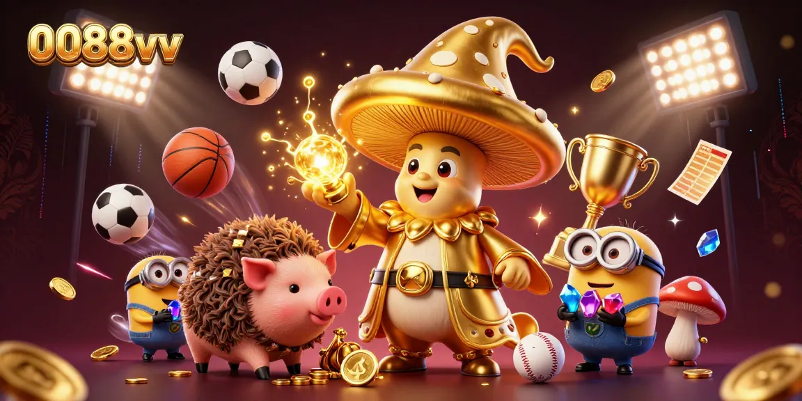 Experience the thrill of 0088vv casino action with dynamic characters surrounded by sports elements and gold treasures.