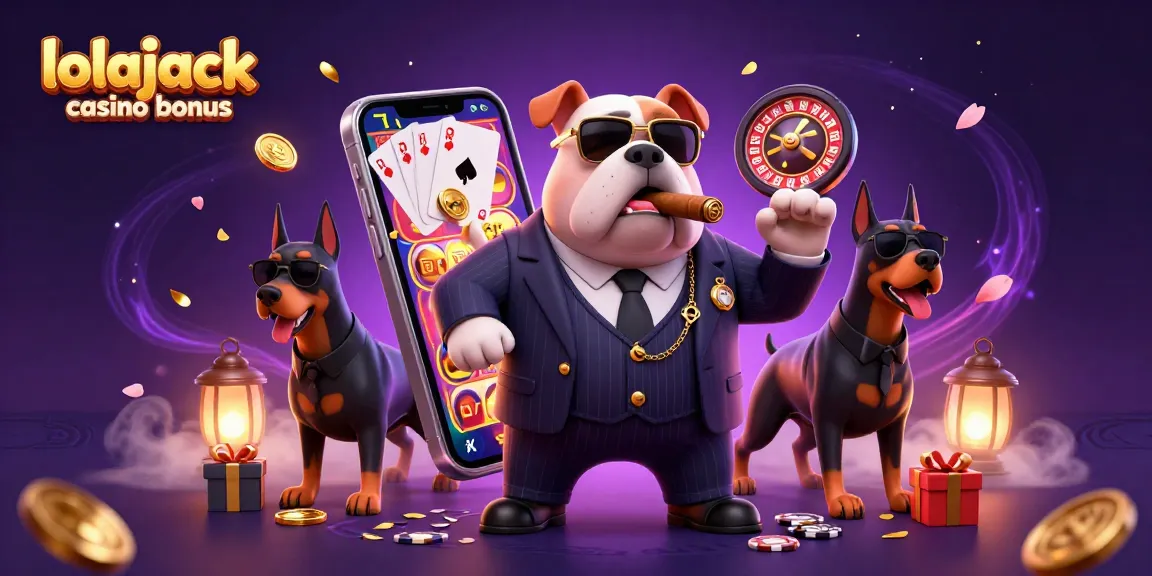 Enjoy the lolajack casino bonus with a 3D cartoon scene featuring a bulldog and Dobermans amidst vibrant gaming elements.