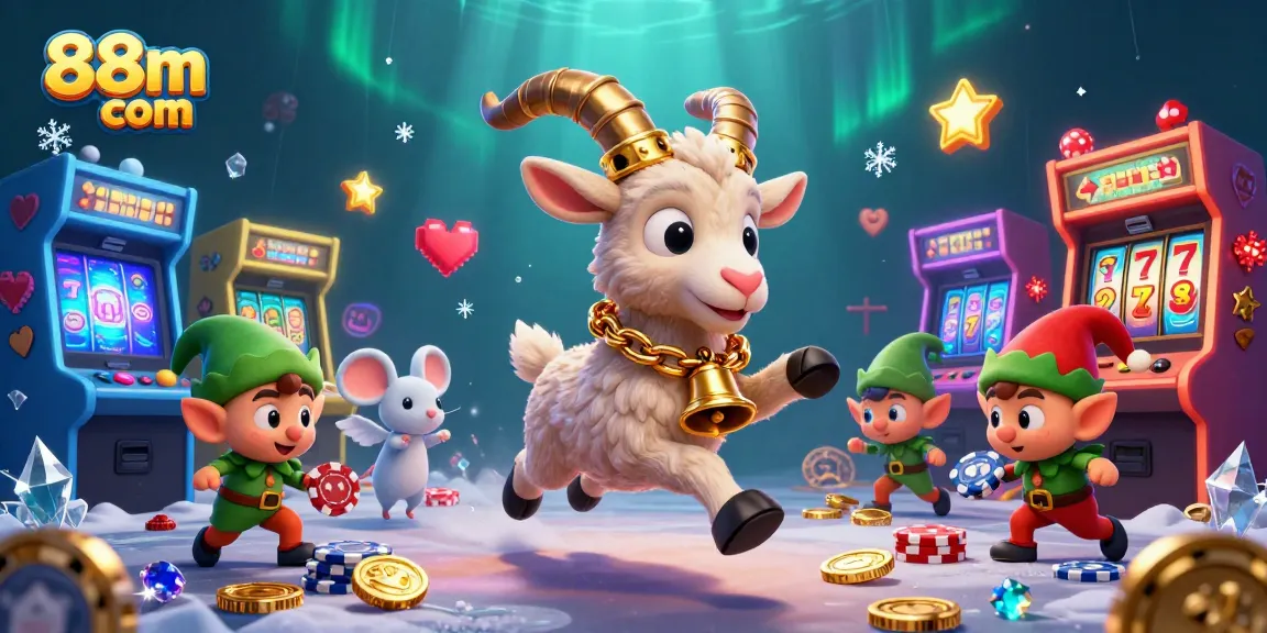 Engage with 88m com in a festive casino scene featuring fun characters and rich gambling elements.