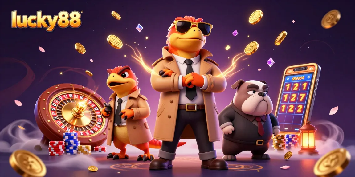Experience the excitement of lucky88 with animated raptors entering a casino amidst golden coins and gems.