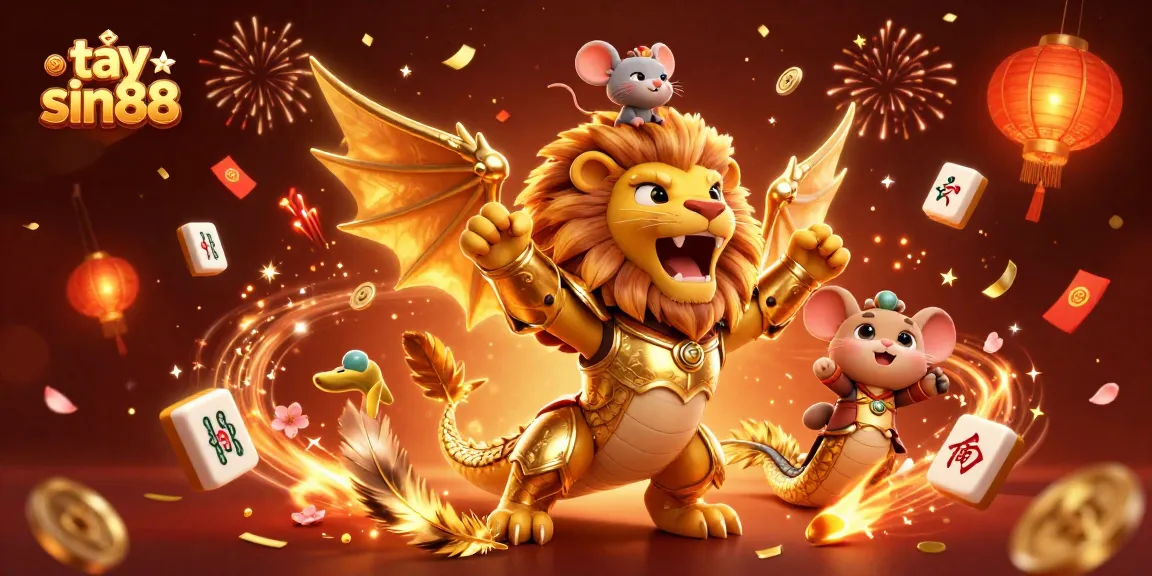 Engage in exhilarating gameplay at tại sin88 with a vibrant casino-themed illustration showcasing a triumphant chimera and festive elements.