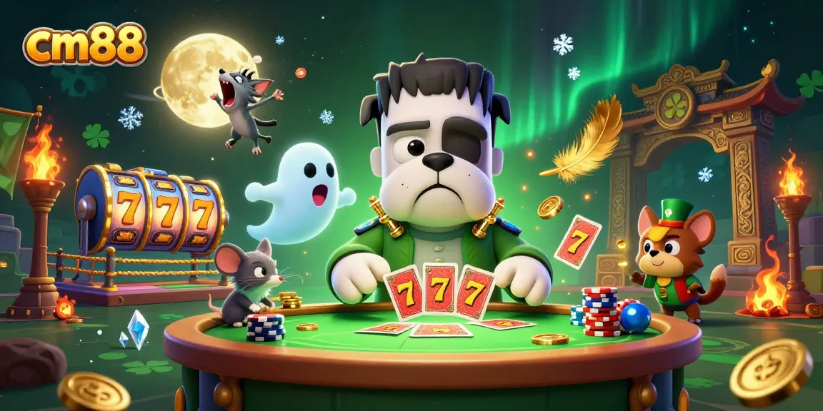 Experience thrilling cm88 gameplay with a magical scene featuring a bulldog dealer and vibrant slot reels.