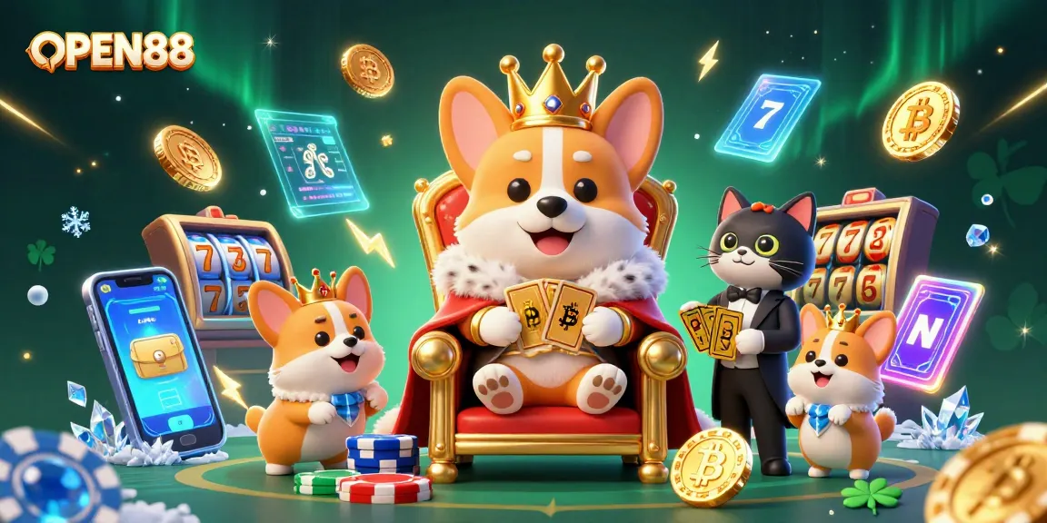 Join the royal celebration at OPEN88 with a corgi king and crypto themes in this dazzling casino scene!