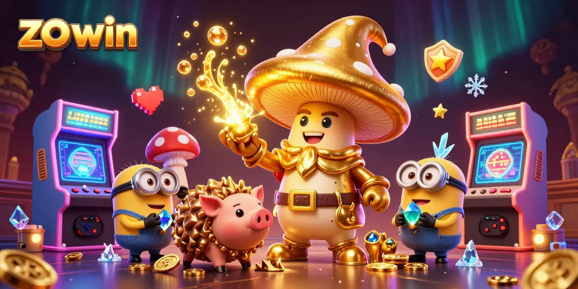 Experience thrilling game action with zo win, golden wizard character, and vibrant arcade machines.