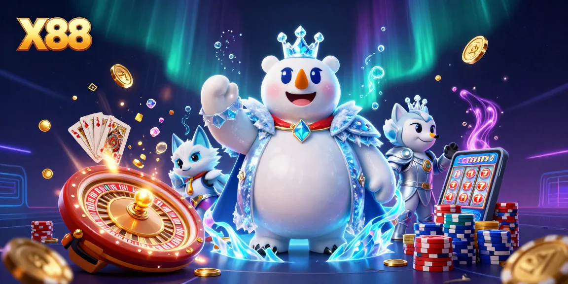 X88 players enjoying a vibrant casino atmosphere with animated characters and exciting game elements.