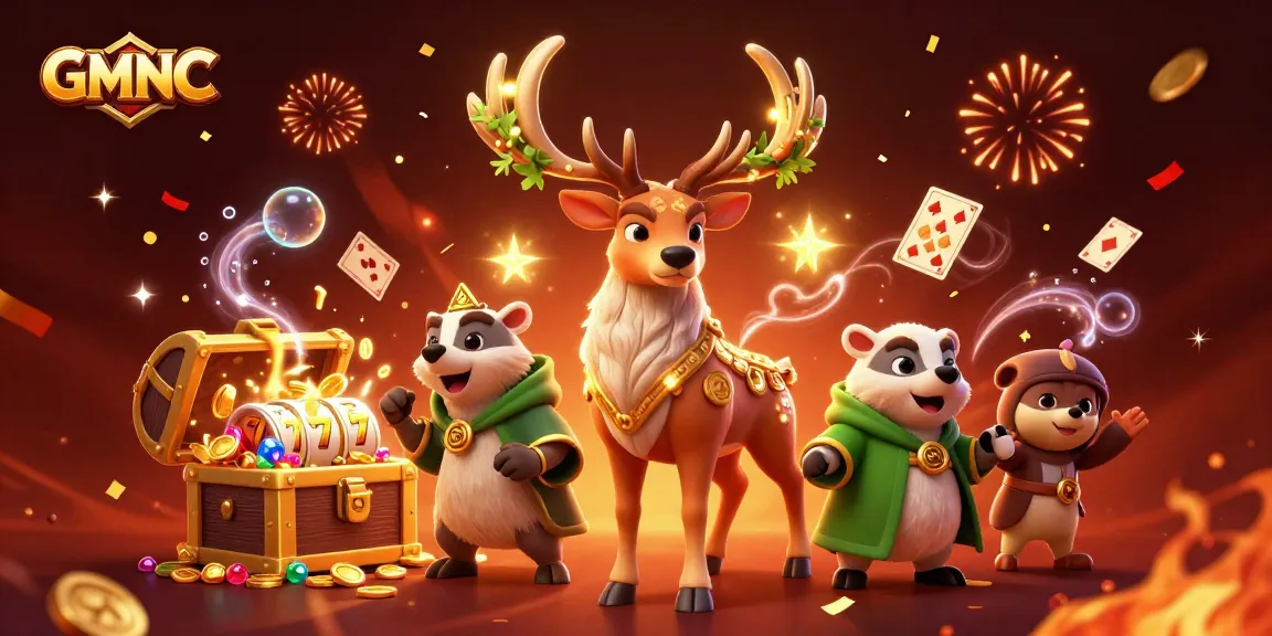 Experience GMNC's captivating gaming scene with a druid stag, badger, and slot game elements
