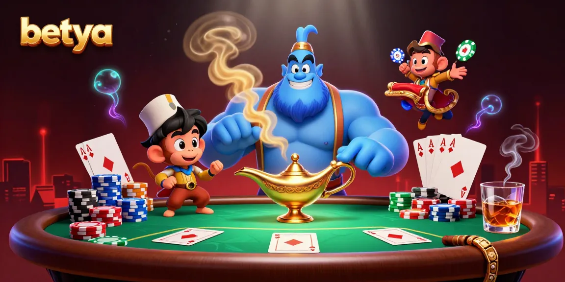 Experience thrilling gameplay with betya in a vibrant casino scene featuring a genie and poker elements.