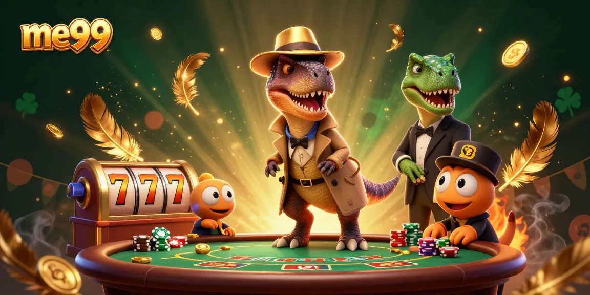 Win big at me99 with a clever velociraptor card counter among casino action and vibrant décor.