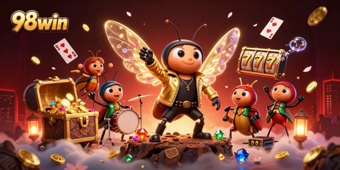 Experience the thrilling casino world with 98win featuring a vibrant rock star scene amidst dazzling game elements.