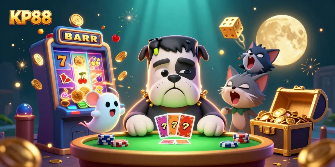 Win big at KP88 with a colorful jackpot scene featuring a bulldog dealer and enchanting casino elements.