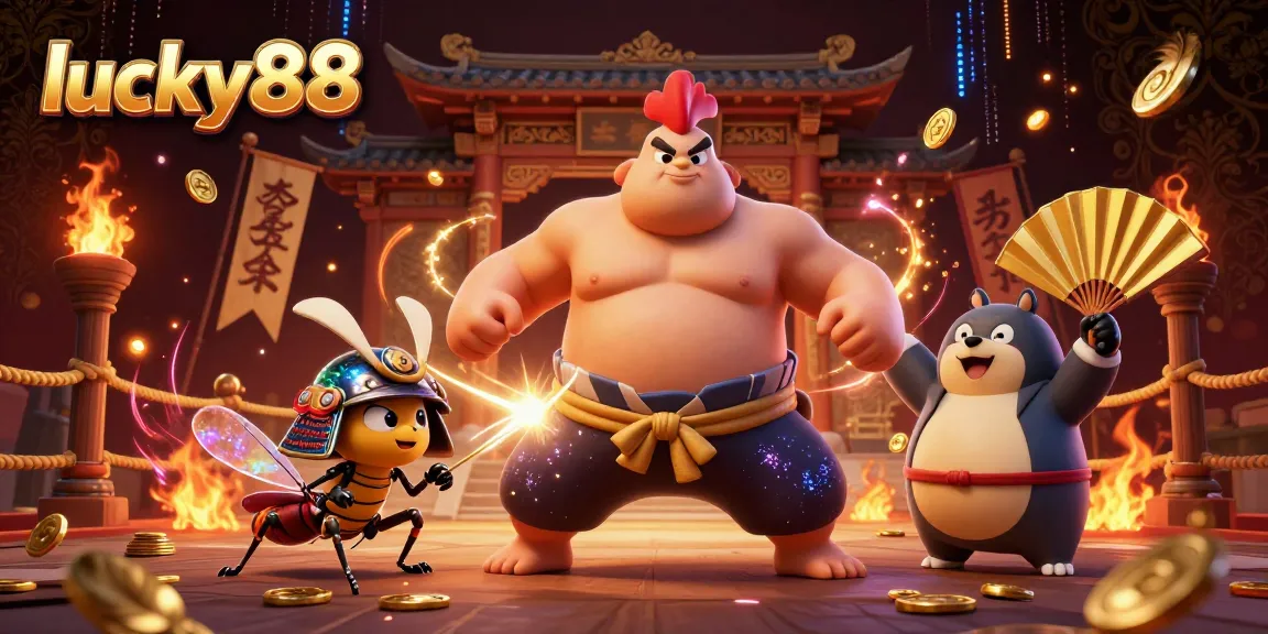 Engage in thrilling gameplay with lucky88 featuring a powerful sumo wrestler and fighting cricket in an animated casino scene.