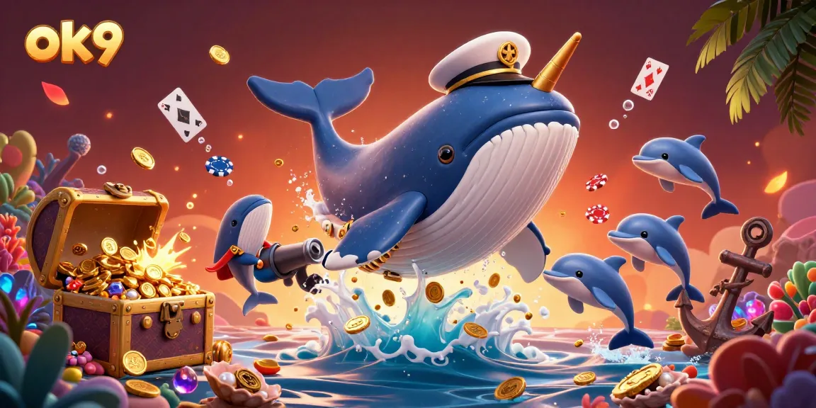 Play with the ok9 online casino as a playful dolphin flips poker chips amidst gold coins and treasure.