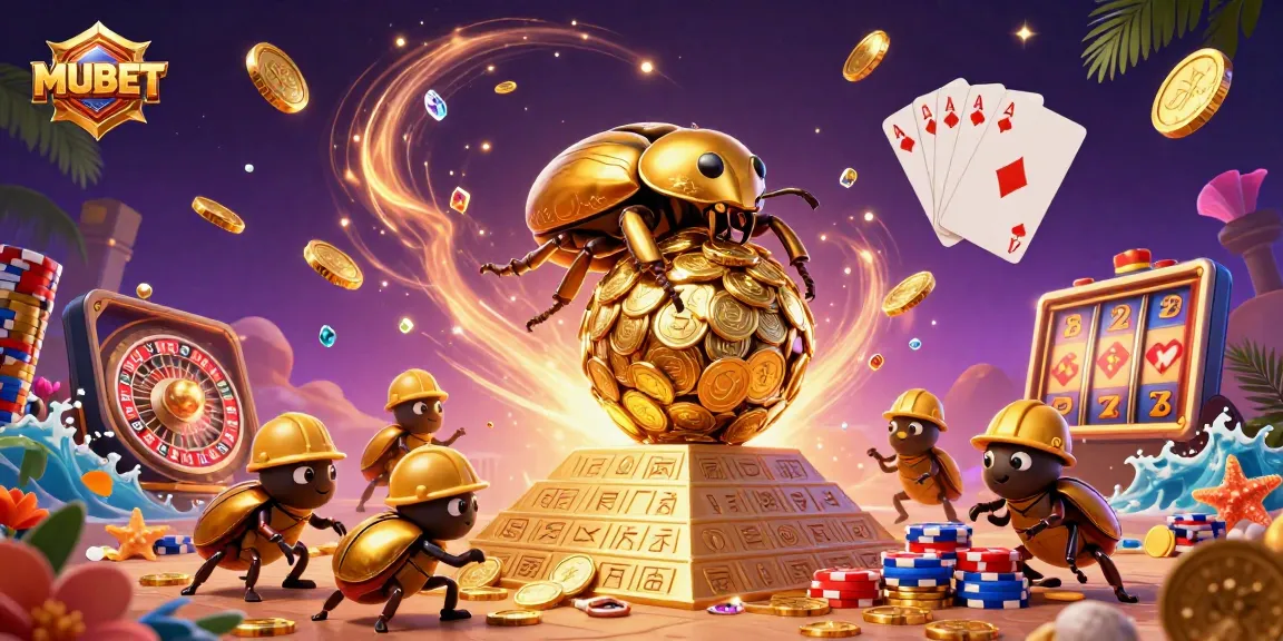 MUBET shows a golden dung beetle rolling coins, enriching casino gameplay with dynamic elements.