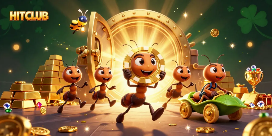 HITCLUB ants orchestrating a heist with a golden poker chip amidst treasure in this vibrant casino scene