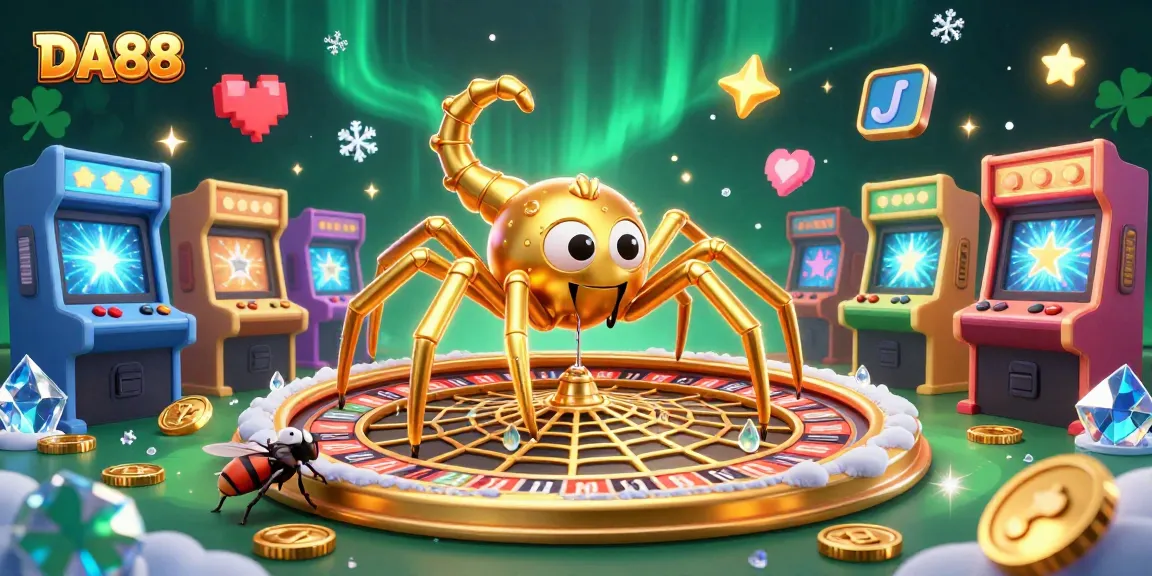 Bet on DA88 with a golden spider spinning a roulette wheel at a vibrant casino scene.