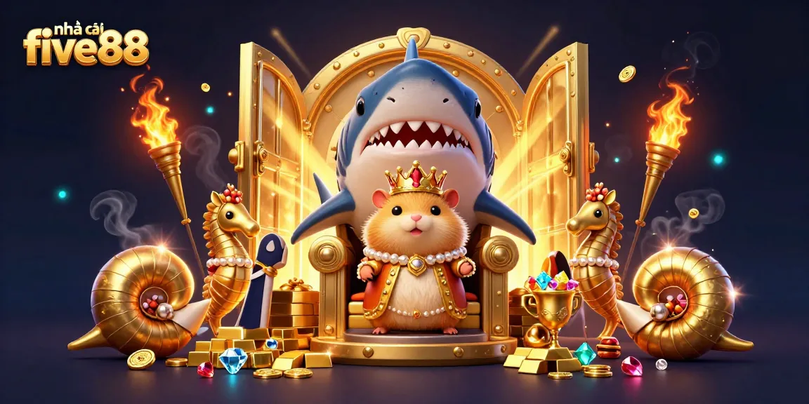"nhà cái five88" offers a unique gaming experience with a vibrant 3D royal gambling scene, highlighting the characters and treasure.