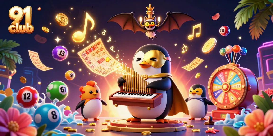 Engaging scene of 91 club with a cartoon penguin and bat acrobat celebrating wins in a casino