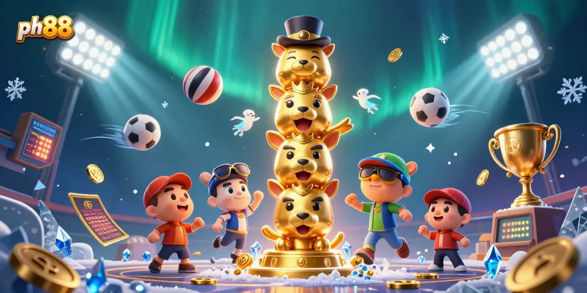 Experience excitement at ph88 with a 3D illustration of vibrant sports betting elements and a fun totem pole.