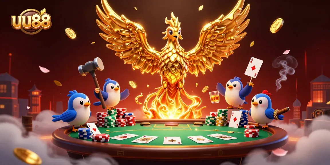 Experience the luxurious gambling world at uu88 with a captivating phoenix rising from golden coins amid poker thrills.