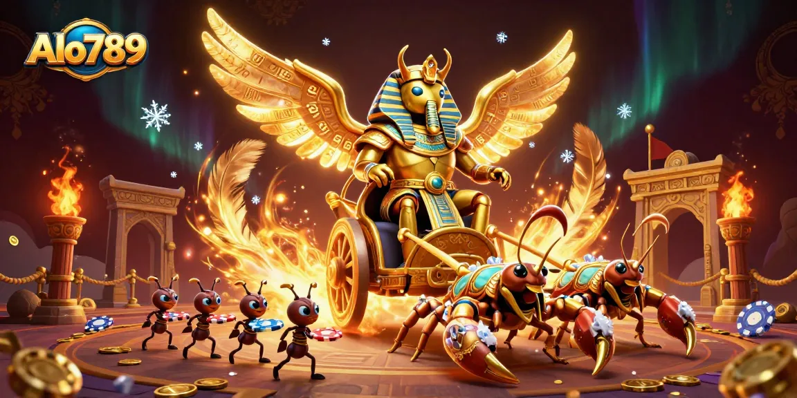 Alo789 gaming illustration depicts a colossal golden scarab beetle chariot racing in a dynamic casino setting.