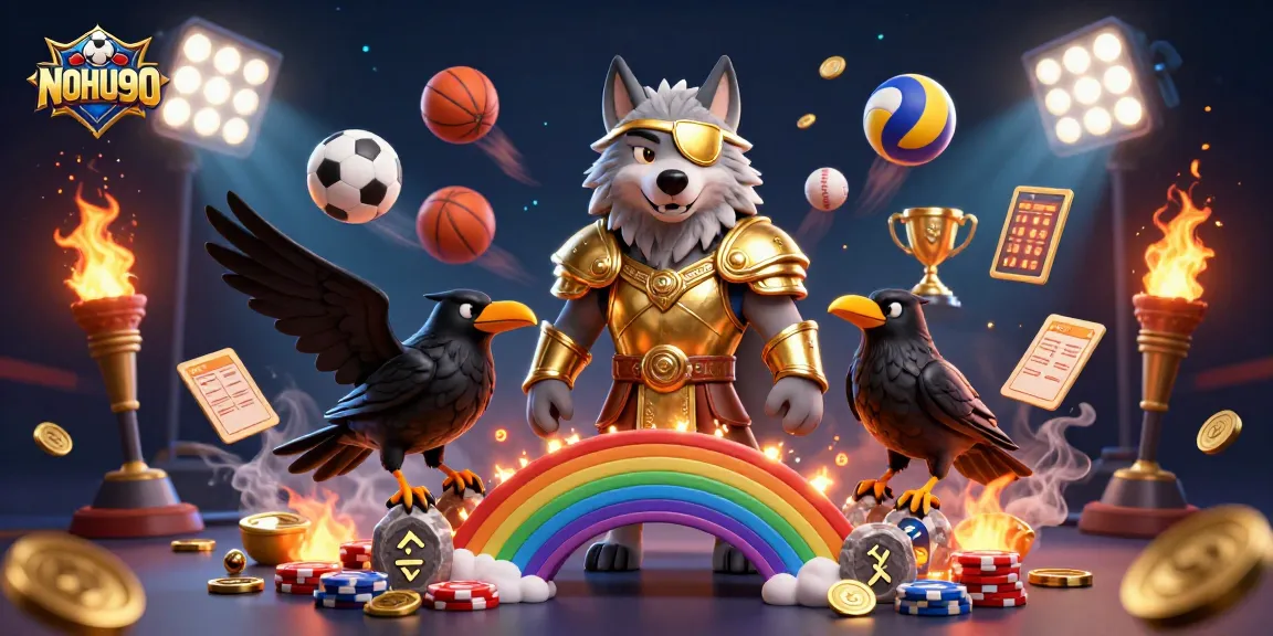 Join the excitement at NOHU90 with a vibrant 3D casino scene featuring Norse characters and dynamic gaming elements.