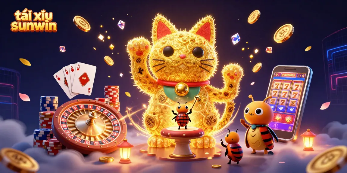 Experience the thrill of tài xỉu sunwin with this vibrant, animated casino illustration featuring lucky symbols.