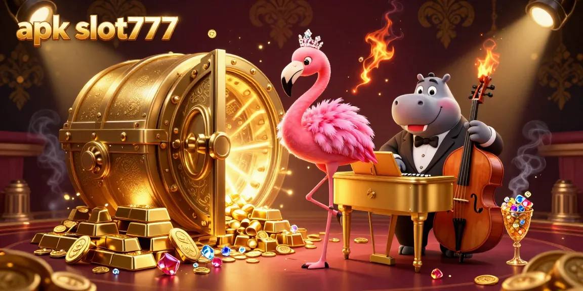 Experience the thrill of apk slot777 as vibrant characters entertain over piles of glittering treasures and dynamic casino elements.