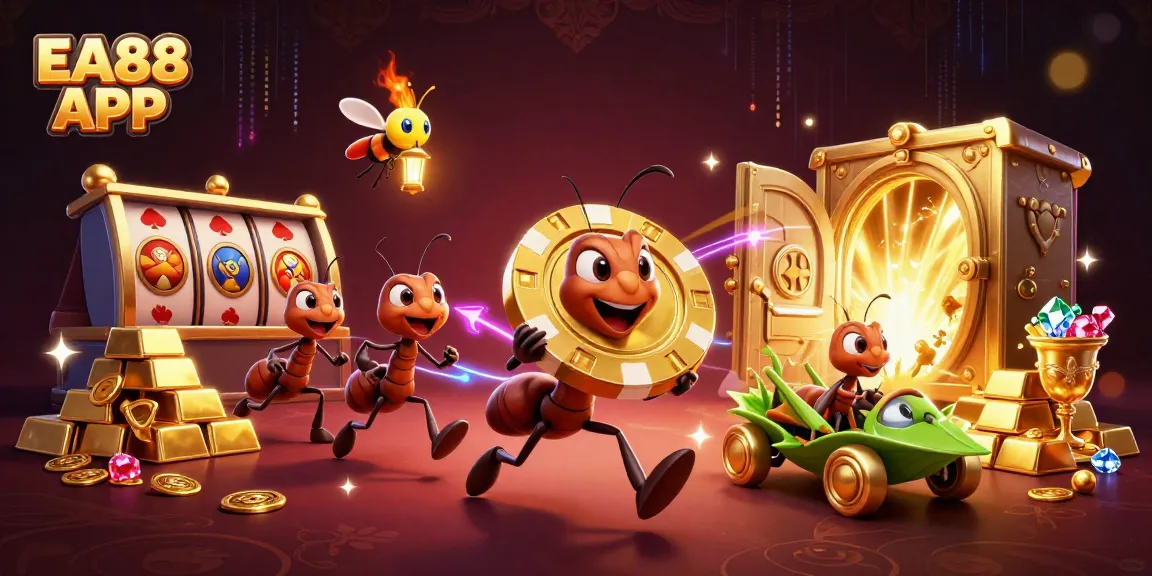 Engage with the EA88 APP as ants orchestrate a golden heist amid gambling treasures.