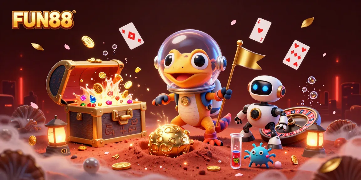 Experience FUN88's exciting casino adventures with a cheerful Martian gecko and dynamic casino elements.