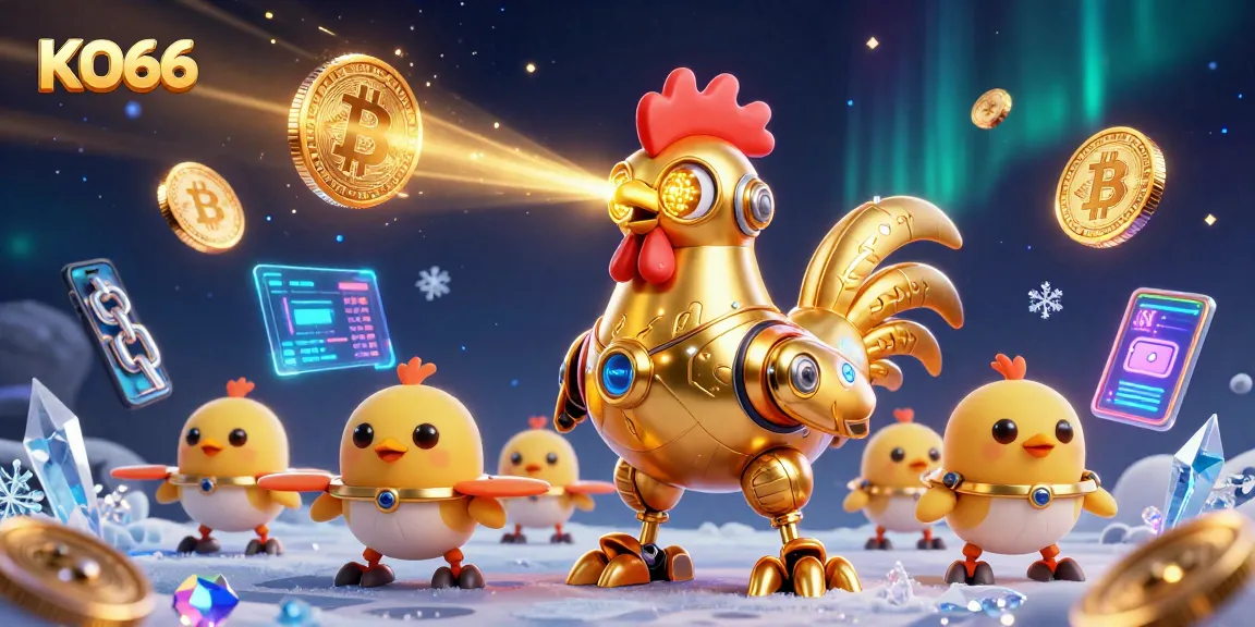 Engage with KO66's thrilling world of gaming featuring a futuristic golden rooster robot and crypto elements.