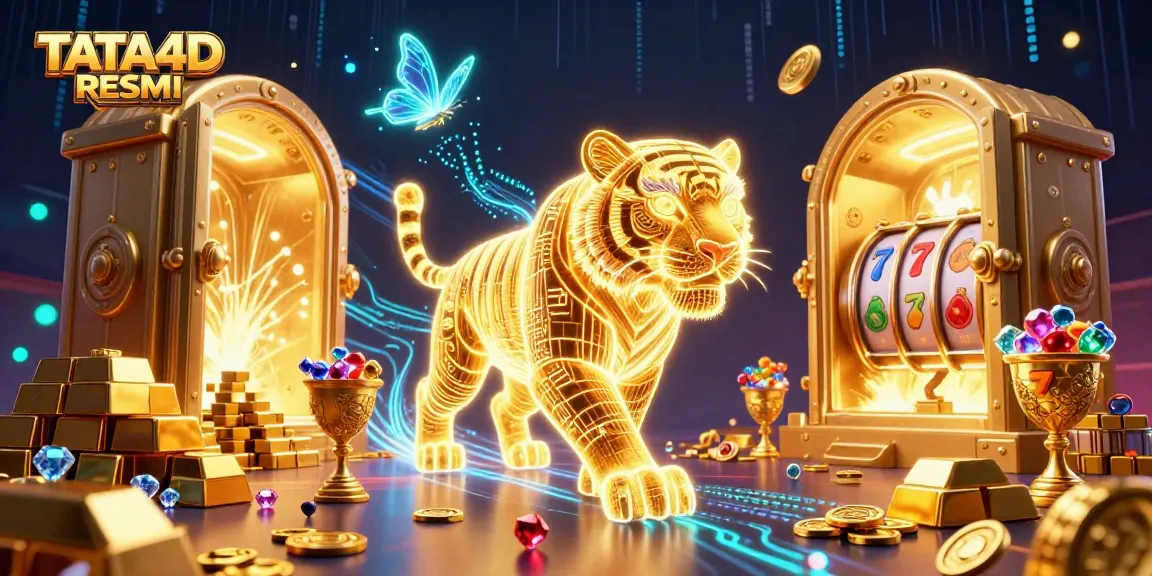 TATA4D RESMI showcases a vibrant digital casino scene with a neon golden tiger and shimmering treasures.