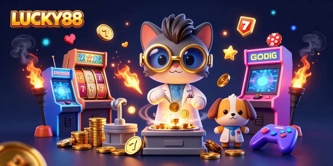 Play and win with LUCKY88 in a vibrant 3D casino scene featuring exciting slot game elements.