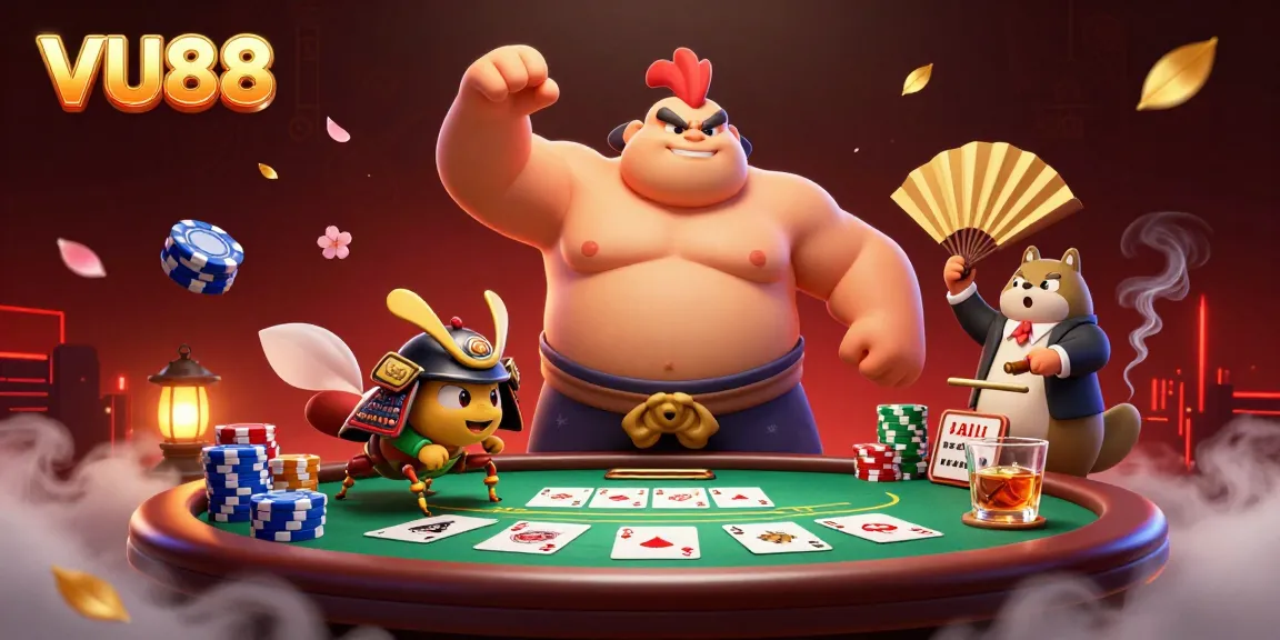 Experience thrilling gambling with VU88's immersive casino scene featuring colorful poker elements.