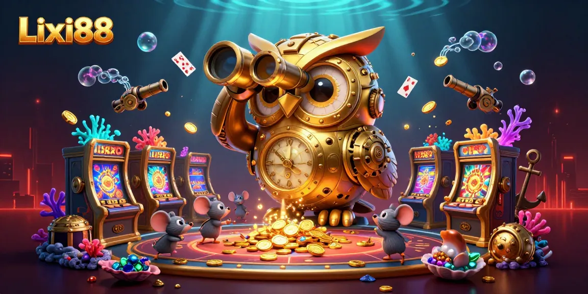 Lixi88 features thrilling gambling scenes with a clockwork golden owl and whimsical patrons scurrying between slots.