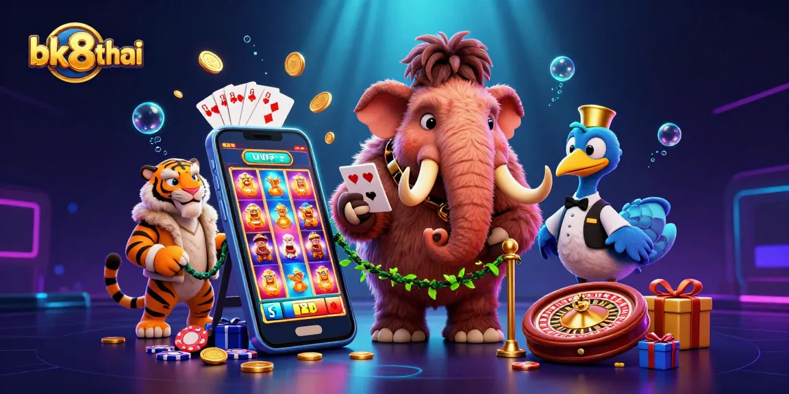 Experience the exciting life at the bk8thai casino with a vibrant scene of mythical characters and animated games.