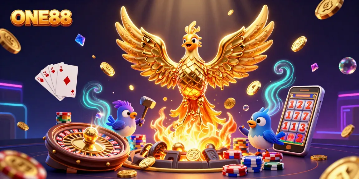 Experience thrilling gameplay at ONE88 with a stunning 3D illustration of a golden phoenix and casino elements.