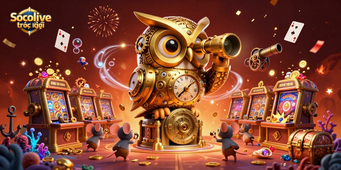 Engage in Socolive trực tiếp with a vibrant scene of an animated casino, featuring a golden owl and lively patrons among treasures and games.