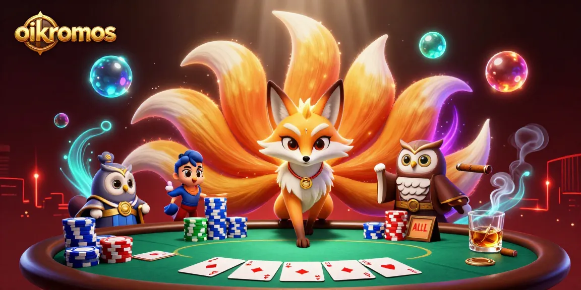 Engage with the vibrant oikonomos casino scene featuring a nine-tailed fox alongside detailed poker elements.
