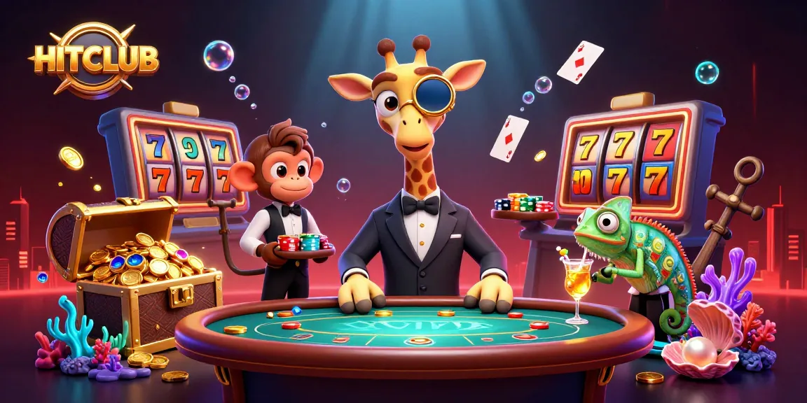 HITCLUB showcases a vibrant 3D casino scene with a high-roller giraffe, monkey valet, and chameleon bartender.